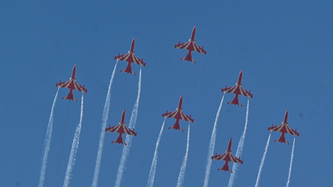<div class="paragraphs"><p>India Air Force's 'Suryakiran' formation during he fly-past. Aero India 2023, the 14th edition of Asia's largest aero show, was inaugurated by Prime Minister Narendra Modi in Bengaluru.</p></div>