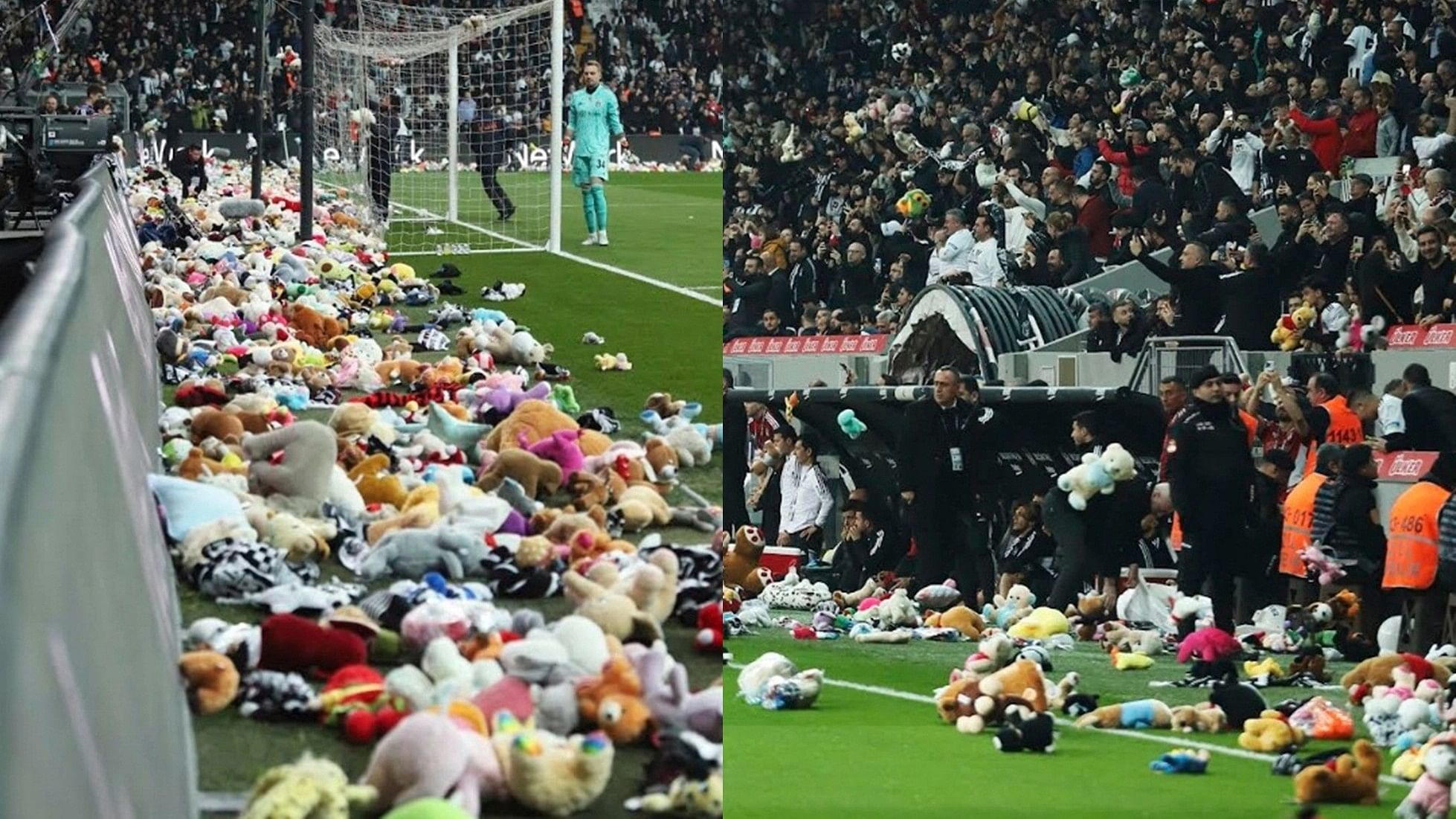 <div class="paragraphs"><p>Turkish football fans showed solidarity with earthquake-affected kids by showering a pitch with plush toys.</p></div>