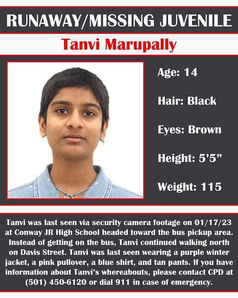 14-year-old Tanvi Marupally has been missing from her home in Conway, Arkansas since 17 January. 