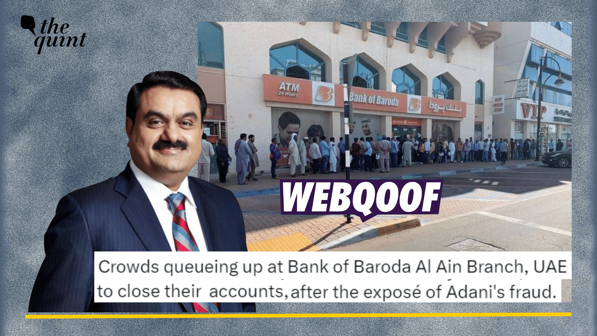 <div class="paragraphs"><p>Fact-Check: Viral image of Bank of Baroda branch falsely linked to the Adani-Hindenburg row.</p></div>