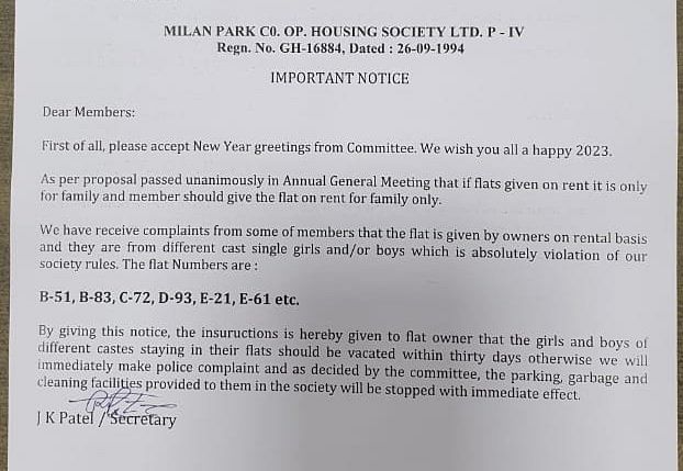The society's notice stated that bachelors belonging to different castes are prohibited from renting the flat.