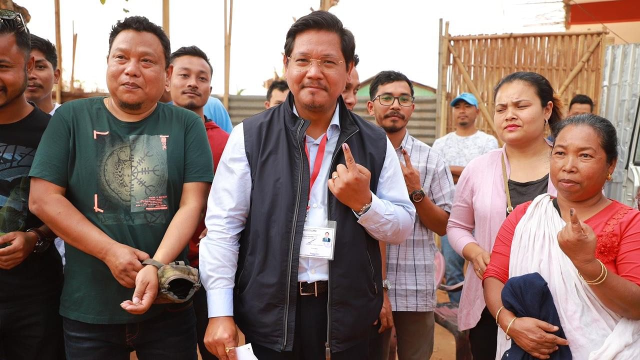 <div class="paragraphs"><p>Meghalaya CM Conrad Sangma after casting his vote at a polling station in West Garo Hills on Monday, 27 February.</p></div>