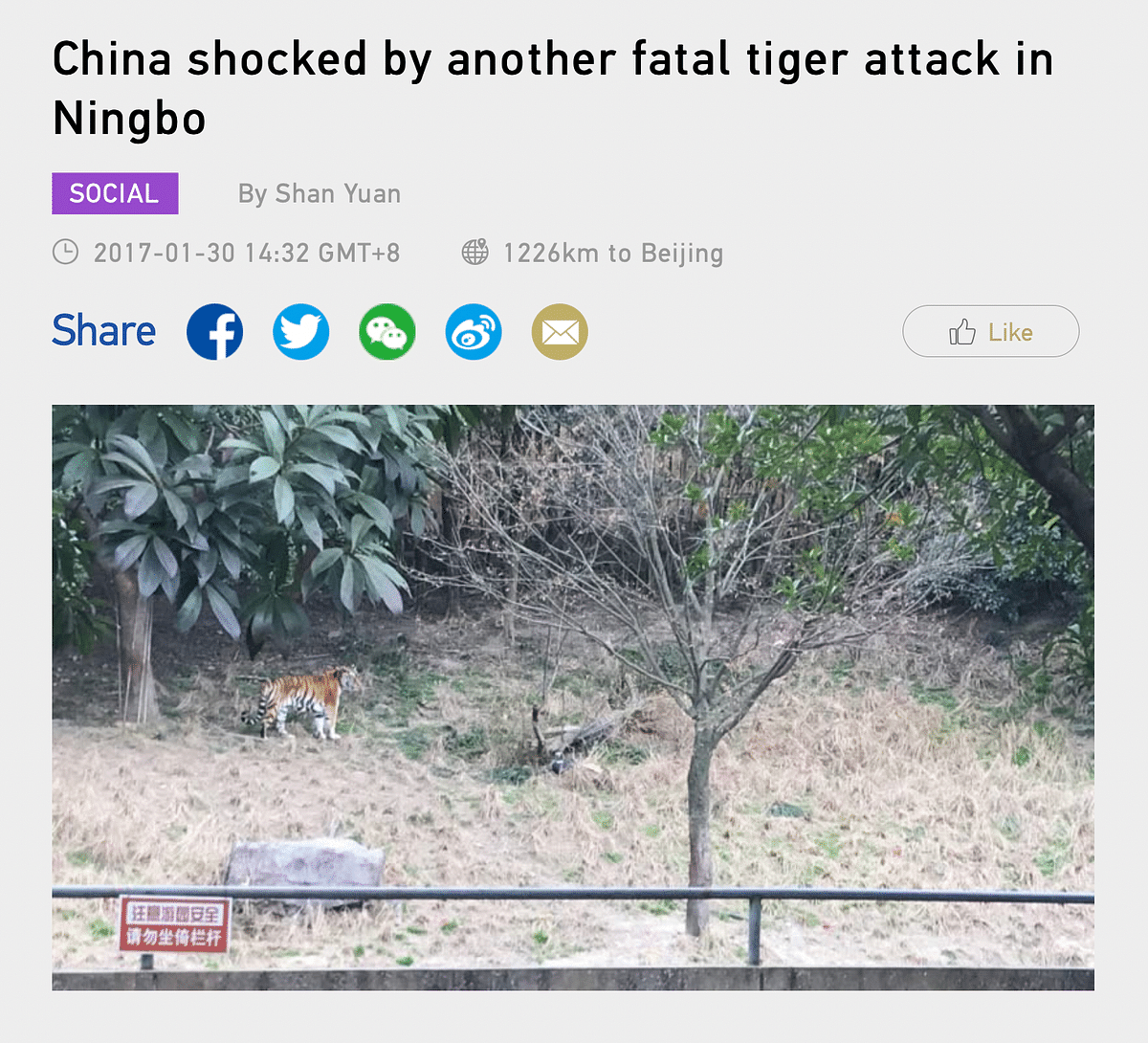 The graphic video shows an incident from Youngor Wildlife Park in Ningbo city eastern China's Zhejiang province.