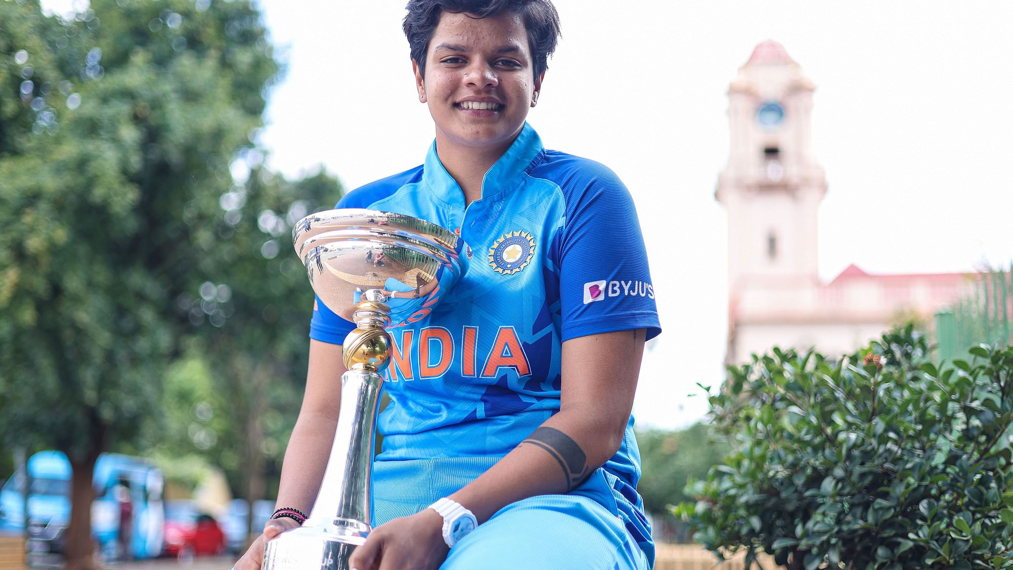 <div class="paragraphs"><p>Indian captain Shafali Verma with the 2023 Under-19 Women's T20 World Cup tropy.</p></div>