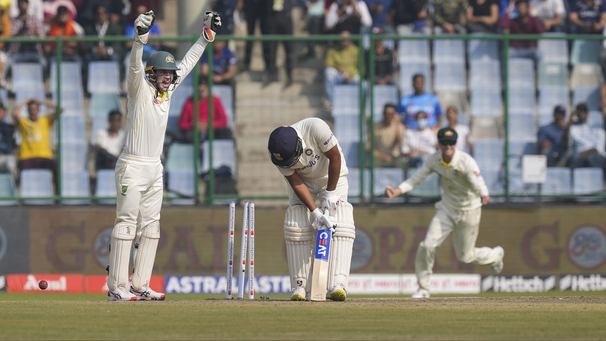 <div class="paragraphs"><p>Rohit Sharma reacts after being bowled out by Australian bowler Nathan Lyon during the 2nd day of the 2nd test  between India and Australia.</p></div>