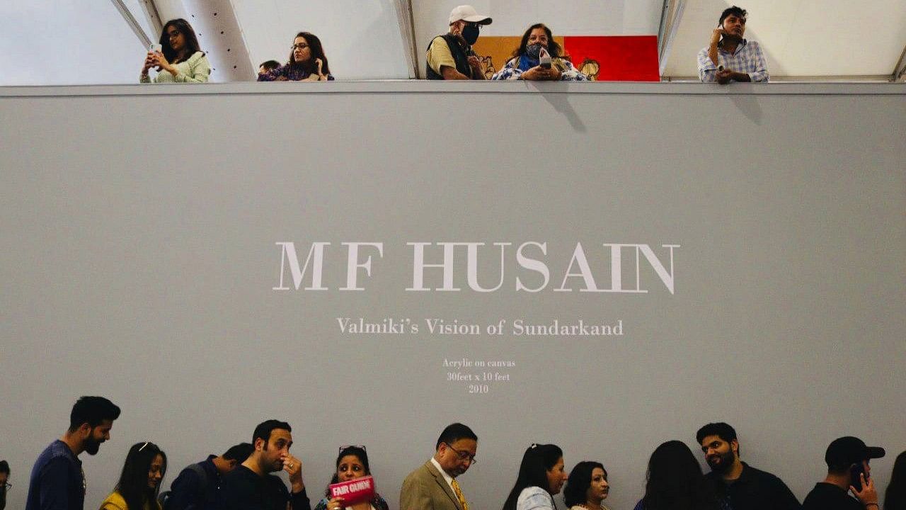 <div class="paragraphs"><p>Attendees lined up in a queue to see MF Husain's 30ft&nbsp;x 10ft painting 'Valmiki's Vision of Sunderkand', currently on display at the India Art Fair 2023.</p></div>