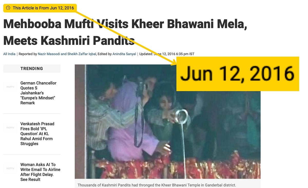 The photo dates back to June 2016 and shows former J&K CM Mehbooba Mufti at the Kheer Bhawani Temple near Srinagar.