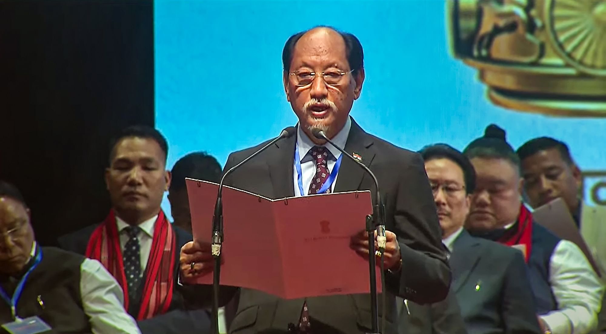 <div class="paragraphs"><p>Nationalist Democratic Progressive Party (NDPP) leader Neiphiu Rio takes oath as Nagaland Chief Minister, at a ceremony in Kohima, on Tuesday, 7 March.</p></div>