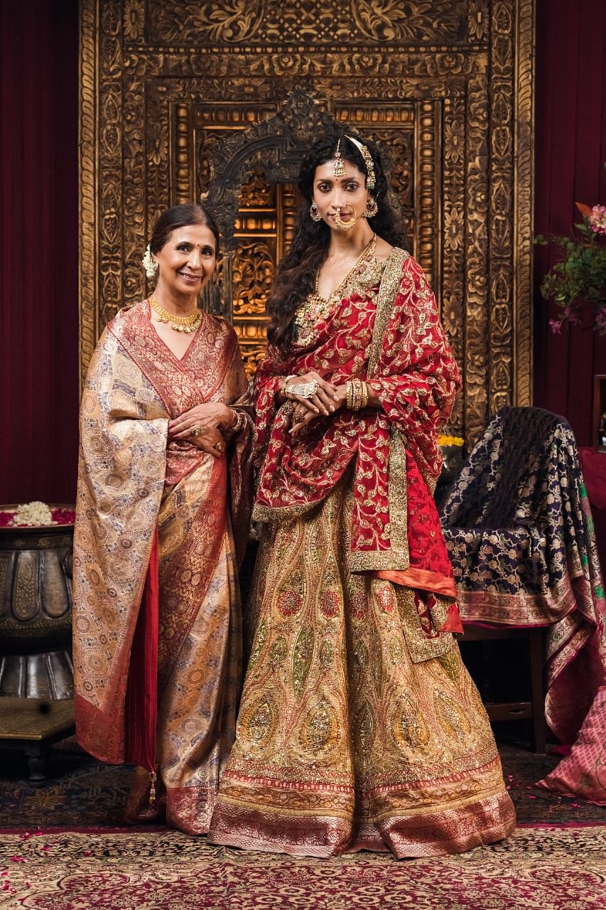 <div class="paragraphs"><p>Leena Singh (L) wearing a 19th century restored saree.&nbsp;</p><p>Model wearing an ensemble crafted using different restored textiles.</p></div>