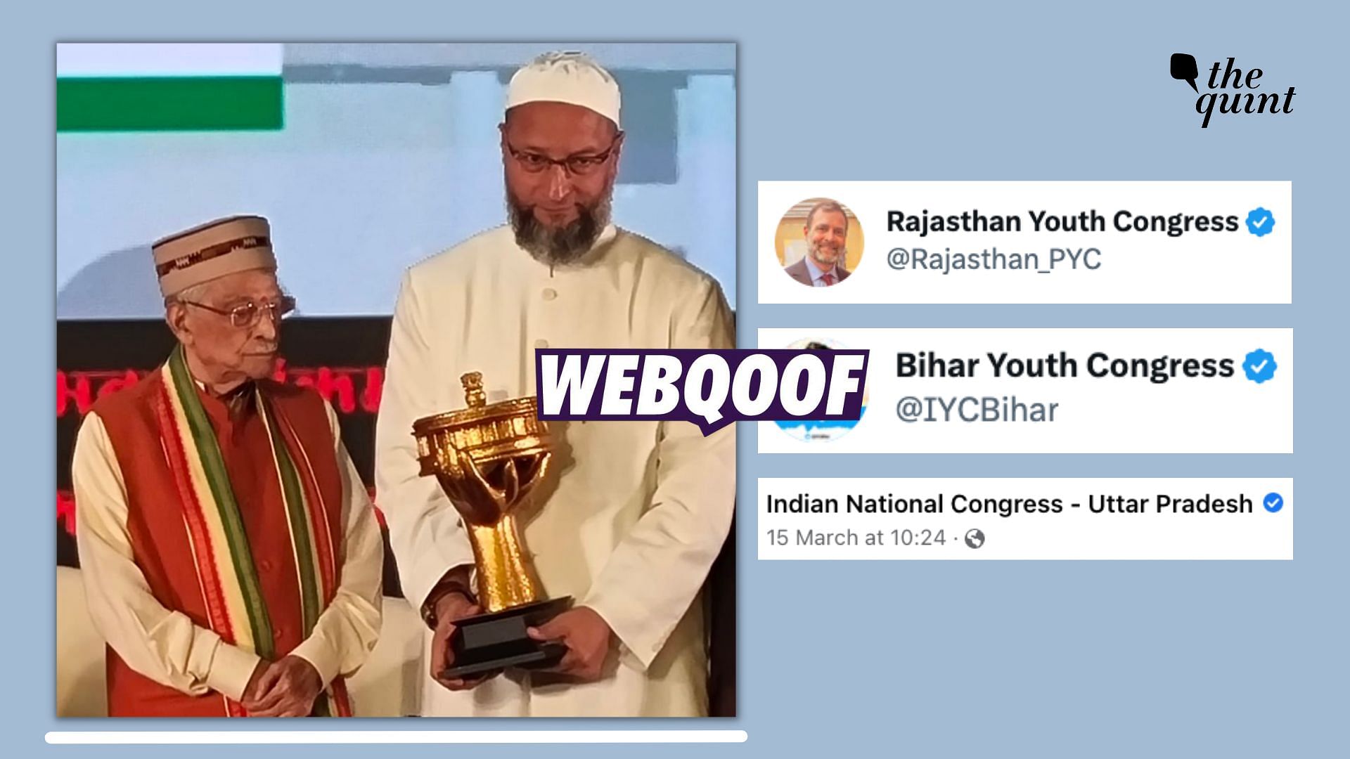 <div class="paragraphs"><p>The photo shows Owaisi at an event where he received an award from former President Ram Nath Kovind.</p></div>