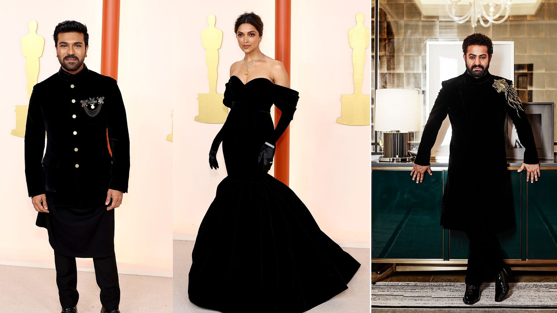 <div class="paragraphs"><p>Here's what Deepika Padukone, Ram Charan and Jr NTR wore for the Oscars 2023.</p></div>