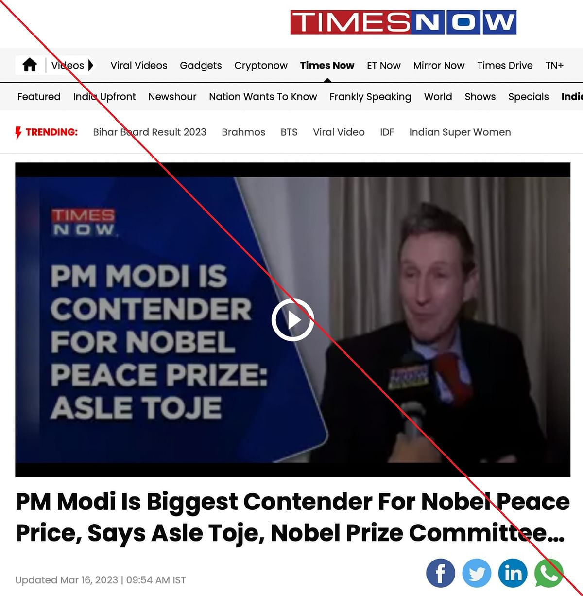 <div class="paragraphs"><p>An archive of the article can be seen <a href="https://web.archive.org/web/20230316045659/https://www.timesnownews.com/videos/times-now/india/pm-modi-is-biggest-contender-for-nobel-peace-price-says-asle-toje-nobel-prize-committee-member-video-98682893" rel="nofollow">here</a>.</p></div>