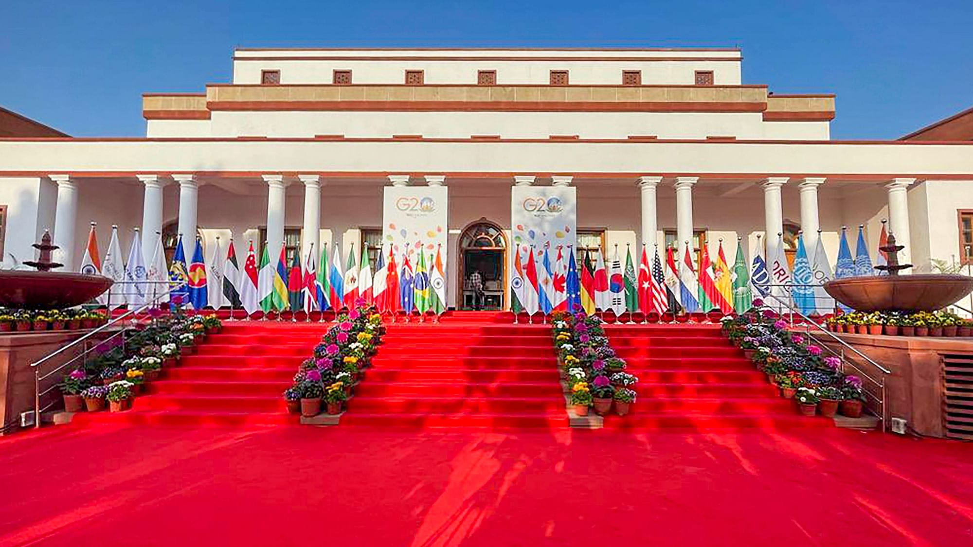 <div class="paragraphs"><p> New Delhi: Flags of participating countries put up for the G20 Foreign Ministers Meeting, at RBCC in New Delhi on Thursday, March 2. </p></div>