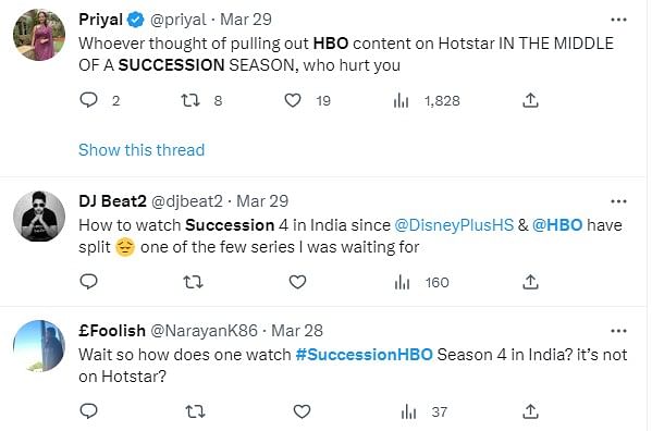 HBO's Succession, which has a separate fan base in India, will be moved off Disney+ Hotstar from 1 April.