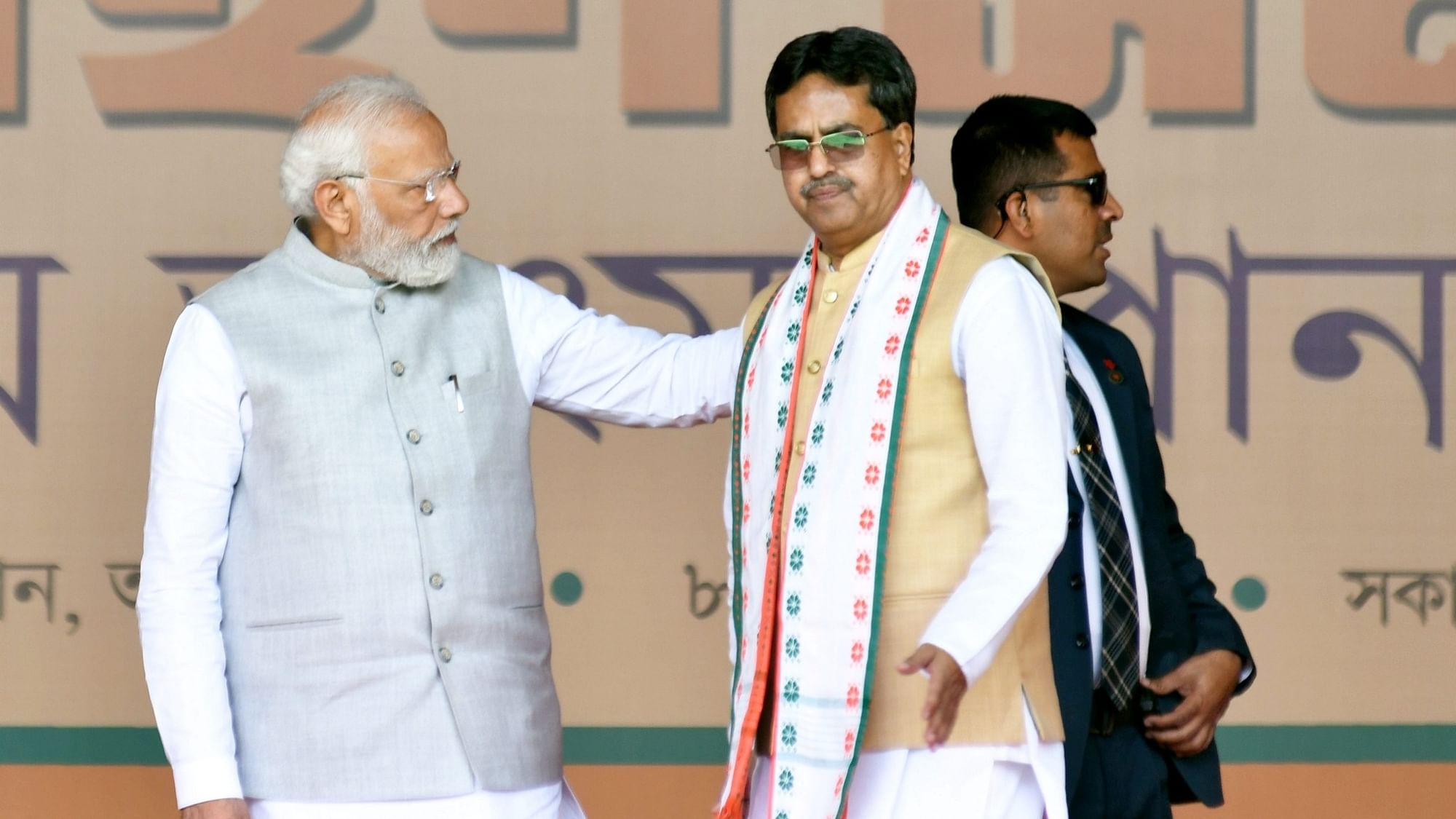 <div class="paragraphs"><p>Prime Minister Narendra Modi with newly sworn-in Tripura Chief Minister Manik Saha during the latters swearing-in ceremony, in Agartala.</p></div>