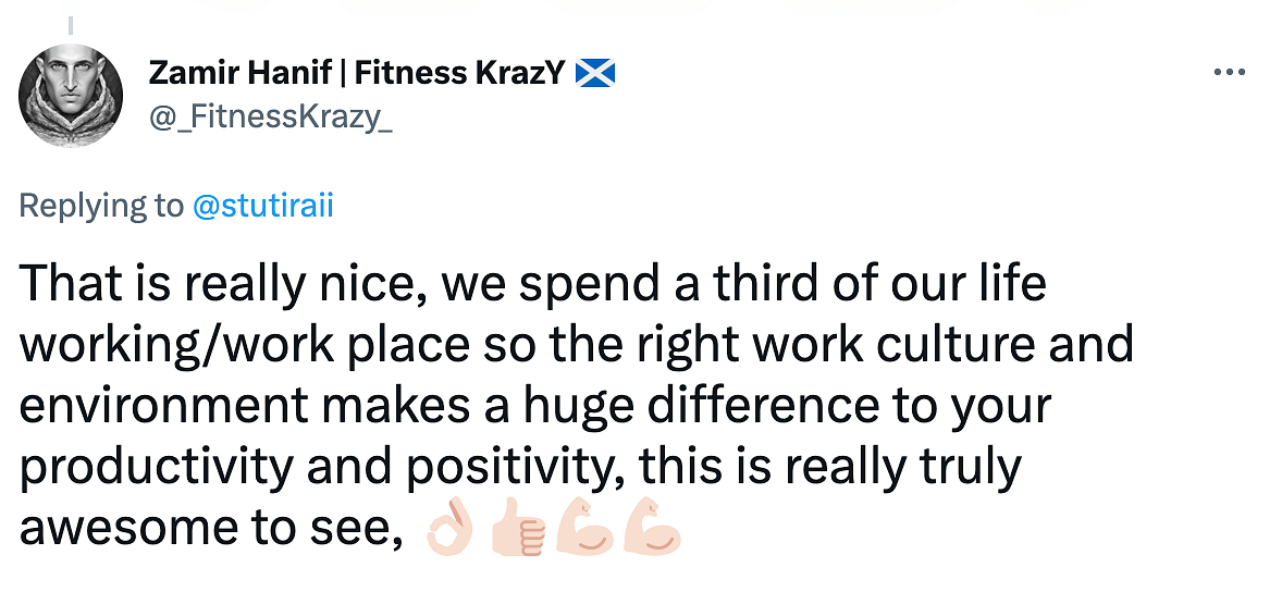 The woman in her tweet was grateful to her boss and wrote, "this is what I call a healthy work culture"