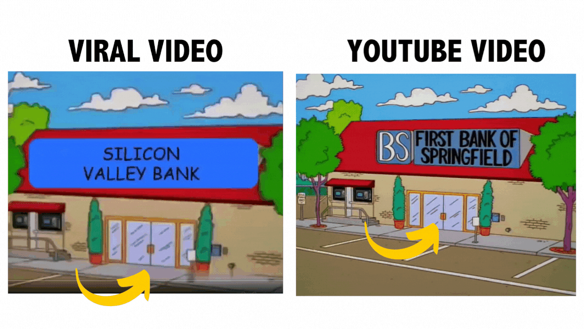 This video is altered. The original scene showed “First Bank of Springfield” written on the entrance board.