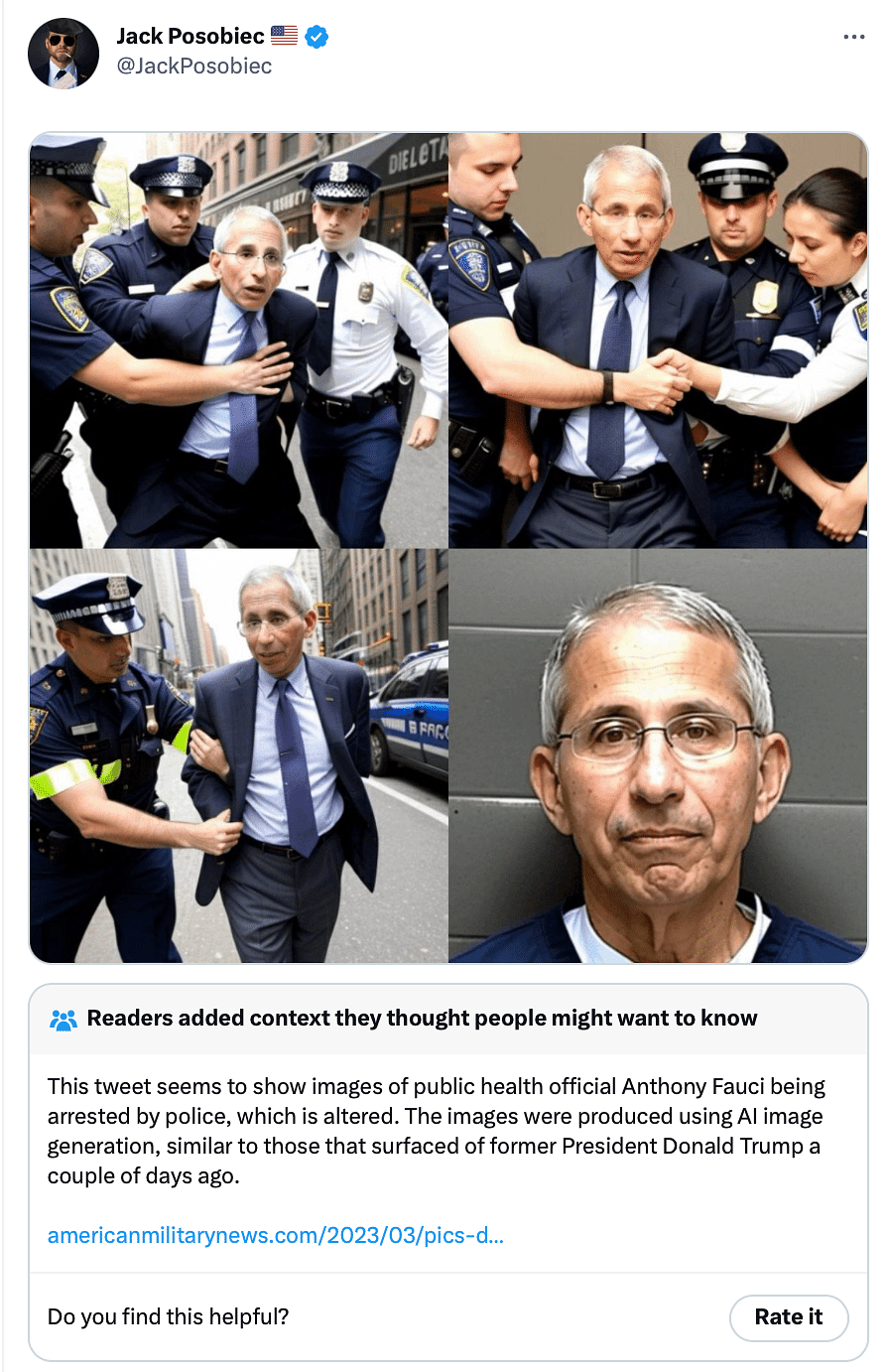 We did not find credible news reports about Fauci's arrest and the photos resemble those generated by AI tools.