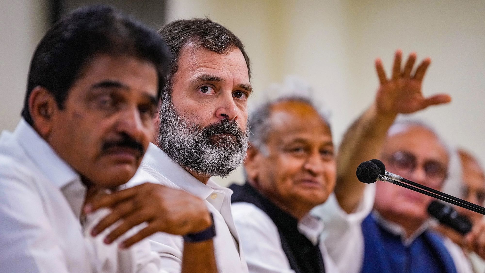 <div class="paragraphs"><p>Congress leader Rahul Gandhi with party leaders KC Venugopal, Ashok Gehlot and Jairam Ramesh at a press conference at the AICC headquarters, in New Delhi, on&nbsp; Saturday, 25 March.&nbsp;</p></div>