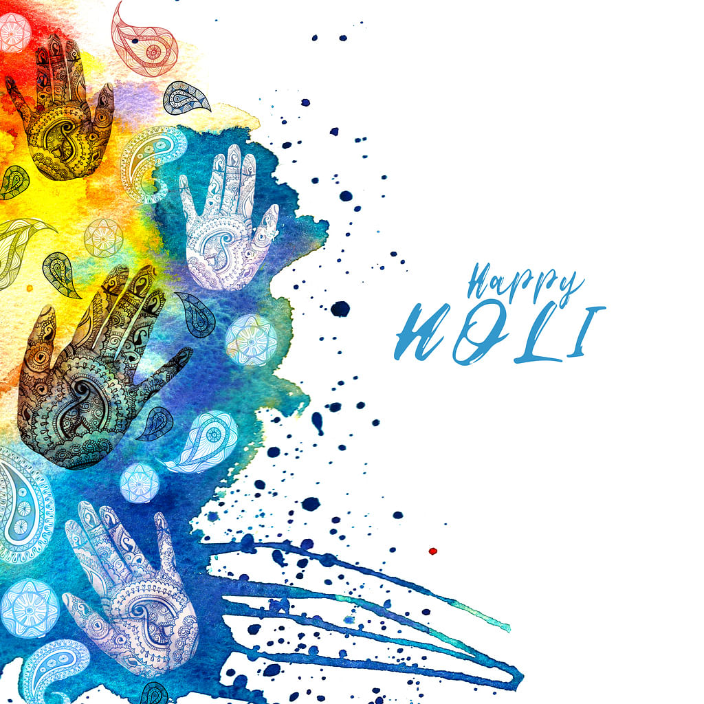 The Holi poster with image of the hands in colors. Vector illustration.  Stock Vector | Adobe Stock