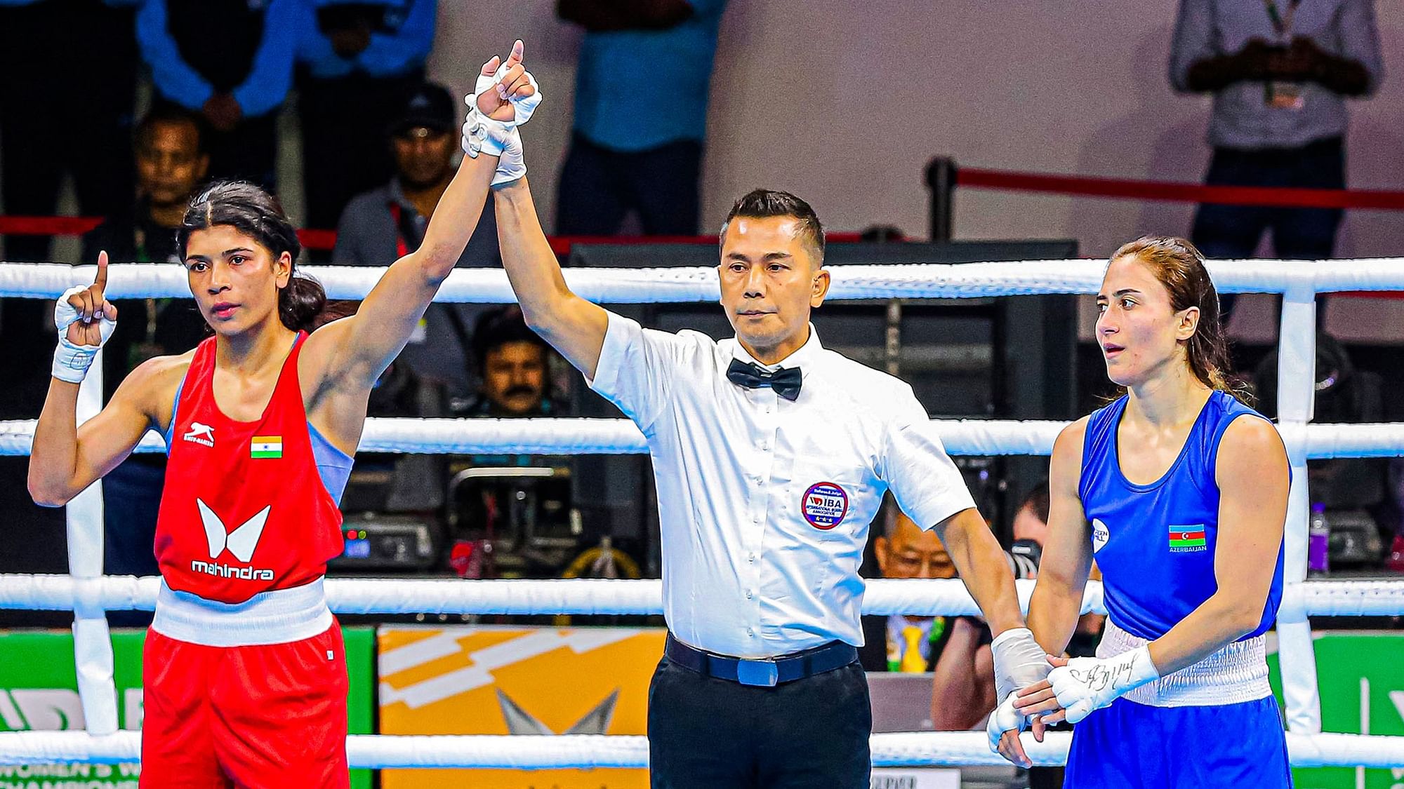 <div class="paragraphs"><p>Reigning World Champion Nikhat Zareen in action at the Day 1 of Mahindra IBA World Women Boxing Championships 2023 </p></div>