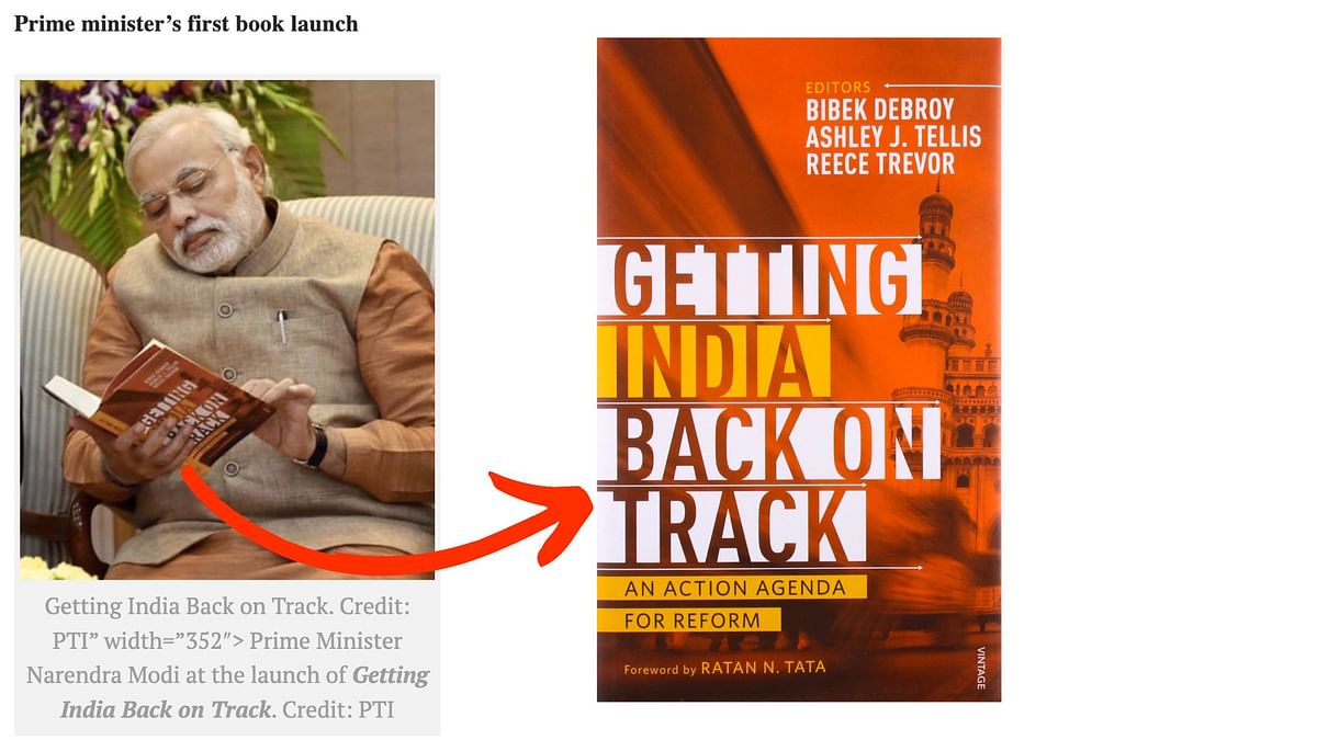 The original photo shows Prime Minister Narendra Modi reading a book titled 'Getting India Back on Track'.