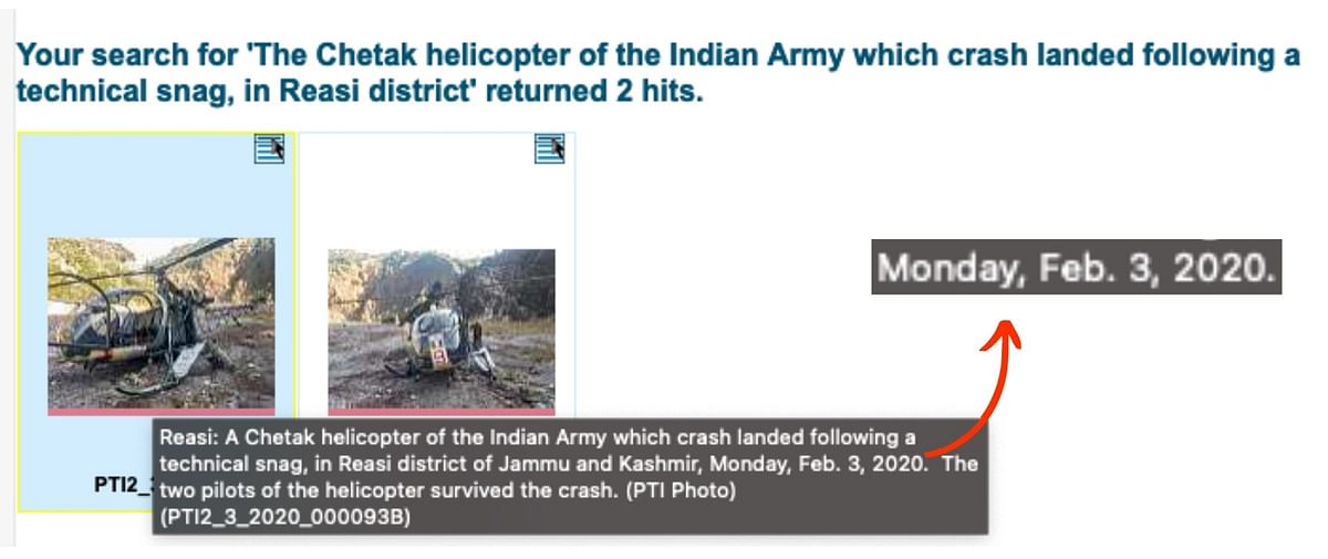 The image shows an Indian Army helicopter which crash landed in Reasi, Jammu and Kashmir in 2020.