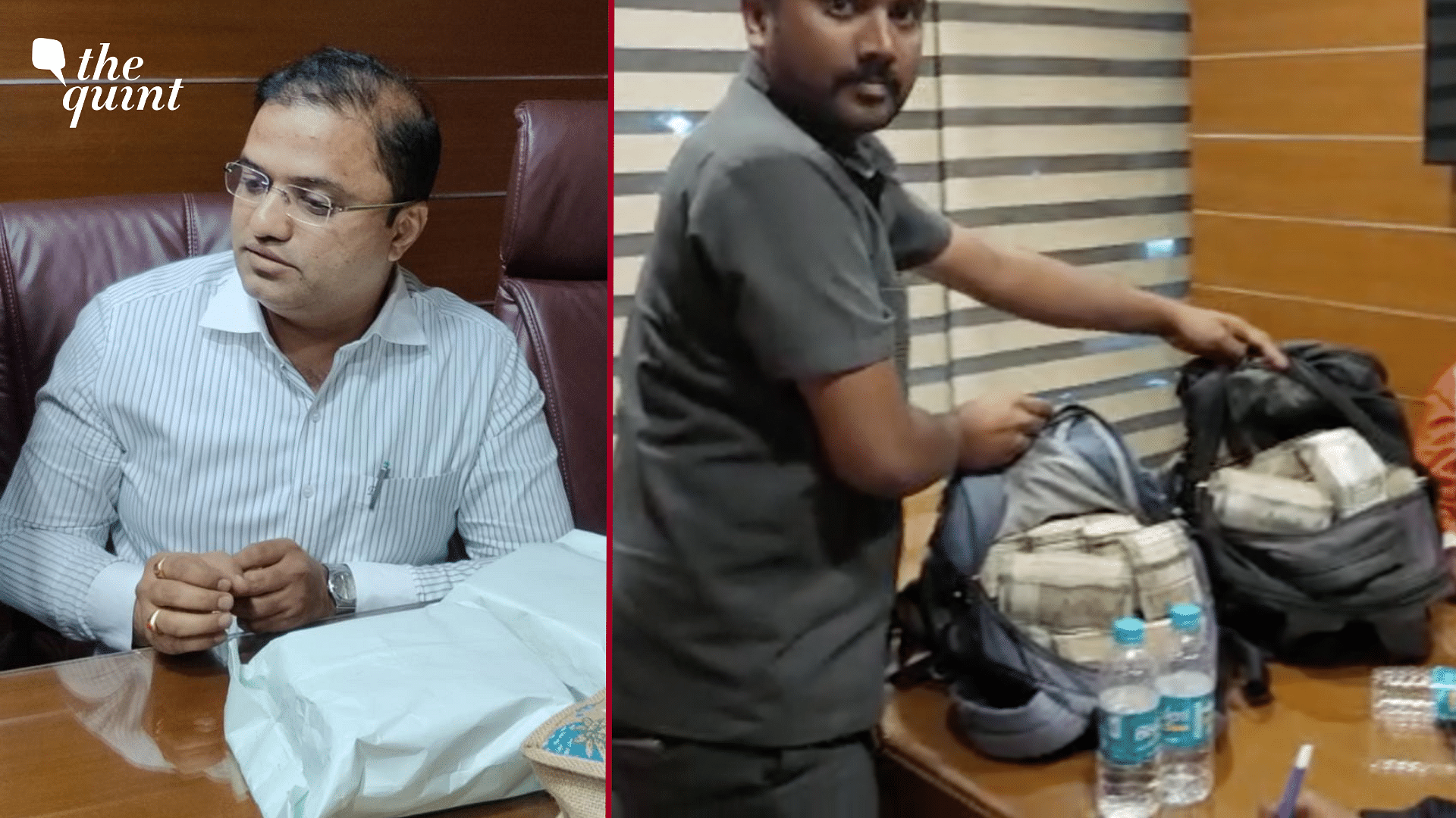 <div class="paragraphs"><p>Prashanth Madal (left), bags of cash recovered during the raid (right).</p></div>
