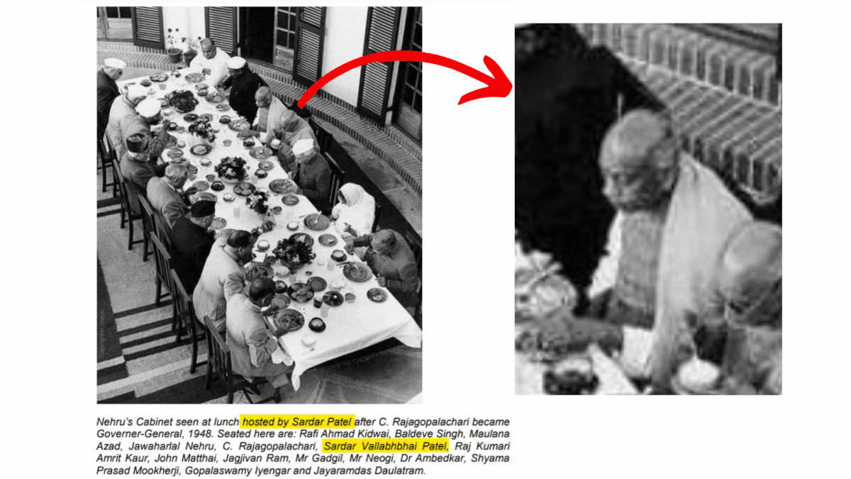 The image shows a luncheon thrown by Sardar Patel to celebrate the appointment of the first Indian Governor-General.