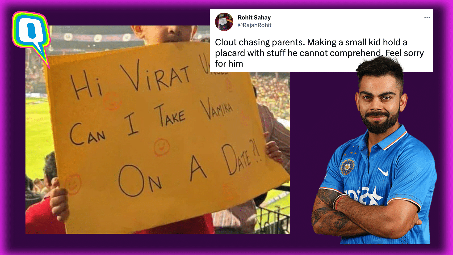 <div class="paragraphs"><p>In the viral post, the child was seen holding a placard requesting Virat Kohli to give him permission to date his daughter, Vamika.</p></div>