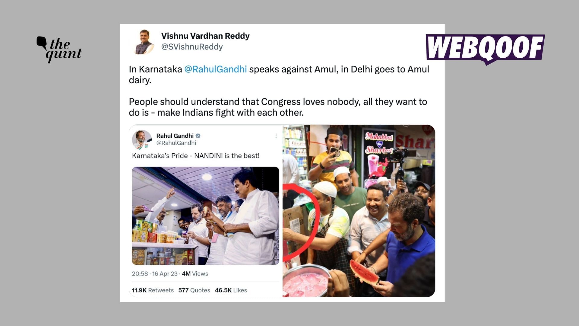 <div class="paragraphs"><p>The tweet about Rahul Gandhi was shared amid the Nandini vs Amul milk controversy in Karnataka.</p></div>