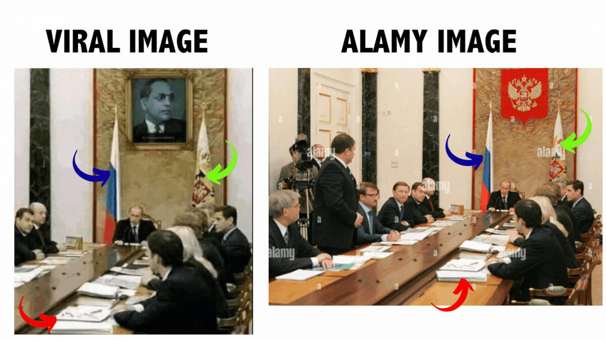 The original image does not show any photo of Dr BR Ambedkar hung up in Putin's conference room.