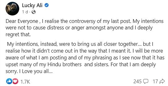 Lucky Ali took to Facebook to apologise for his remarks.