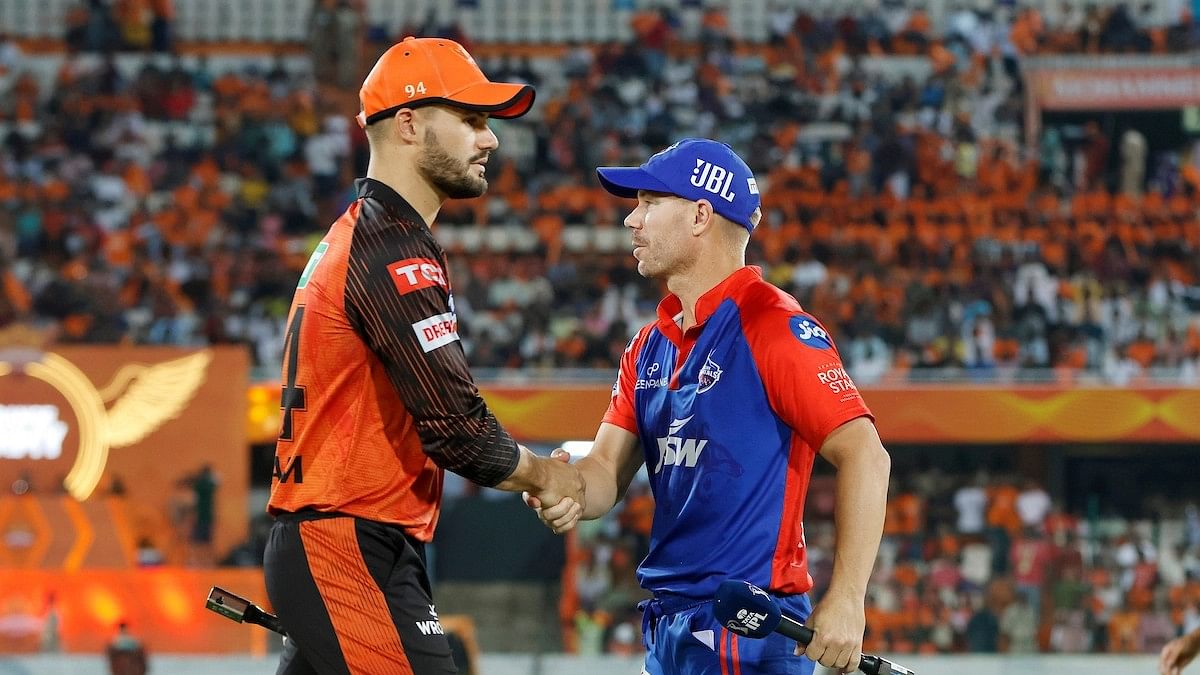 <div class="paragraphs"><p>Aiden Markram captain of Sunrisers Hyderabad and David Warner captain of Delhi Capitals during toss of the match 34 of the Tata Indian Premier League 2023 between the Sunrisers Hyderabad and the Delhi Capitals</p></div>