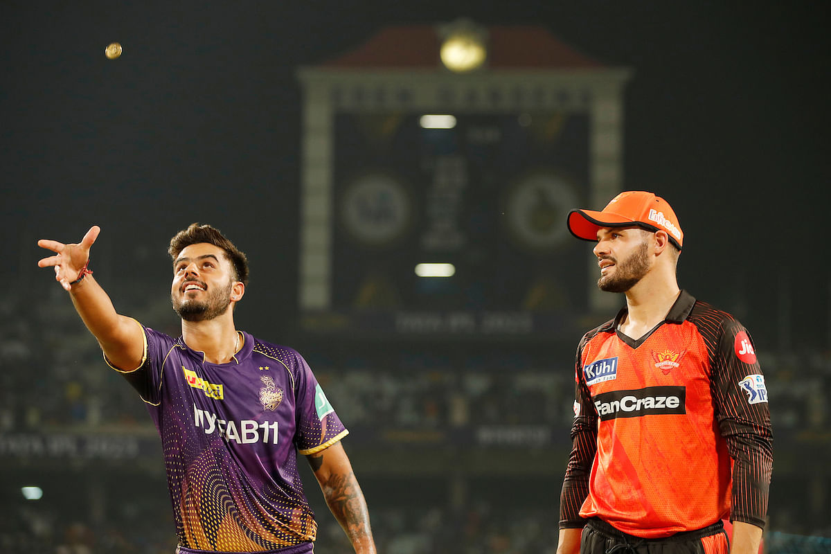 <div class="paragraphs"><p>Aiden Markram  and Nitish Rana of  at the coin toss during the 19th match of the Indian Premier League 2023 between Kolkata Knight Riders and Sunrisers Hyderabad. KKR won the toss and elected to field first.</p></div>