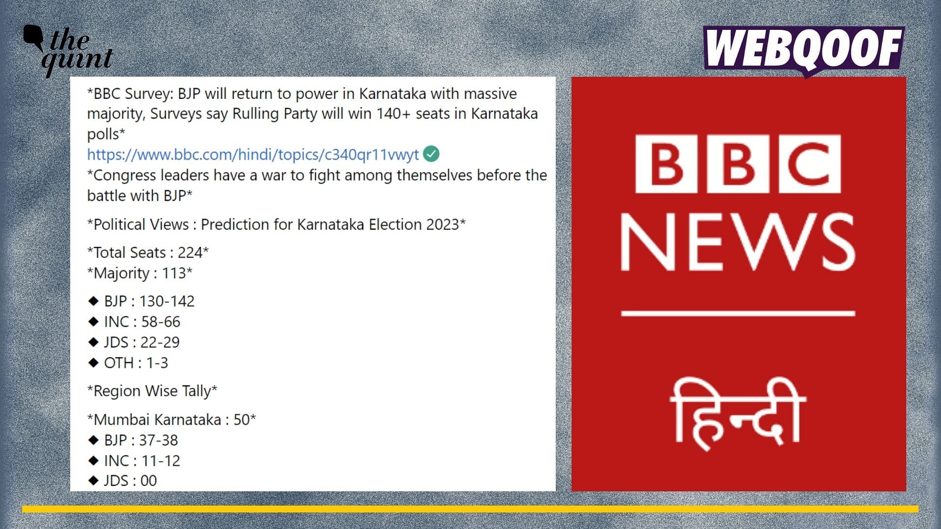 <div class="paragraphs"><p>Fact-check: A fake survey under the name of BBC Hindi is going viral on the internet showing BJP's win in Karnataka assembly elections. </p></div>