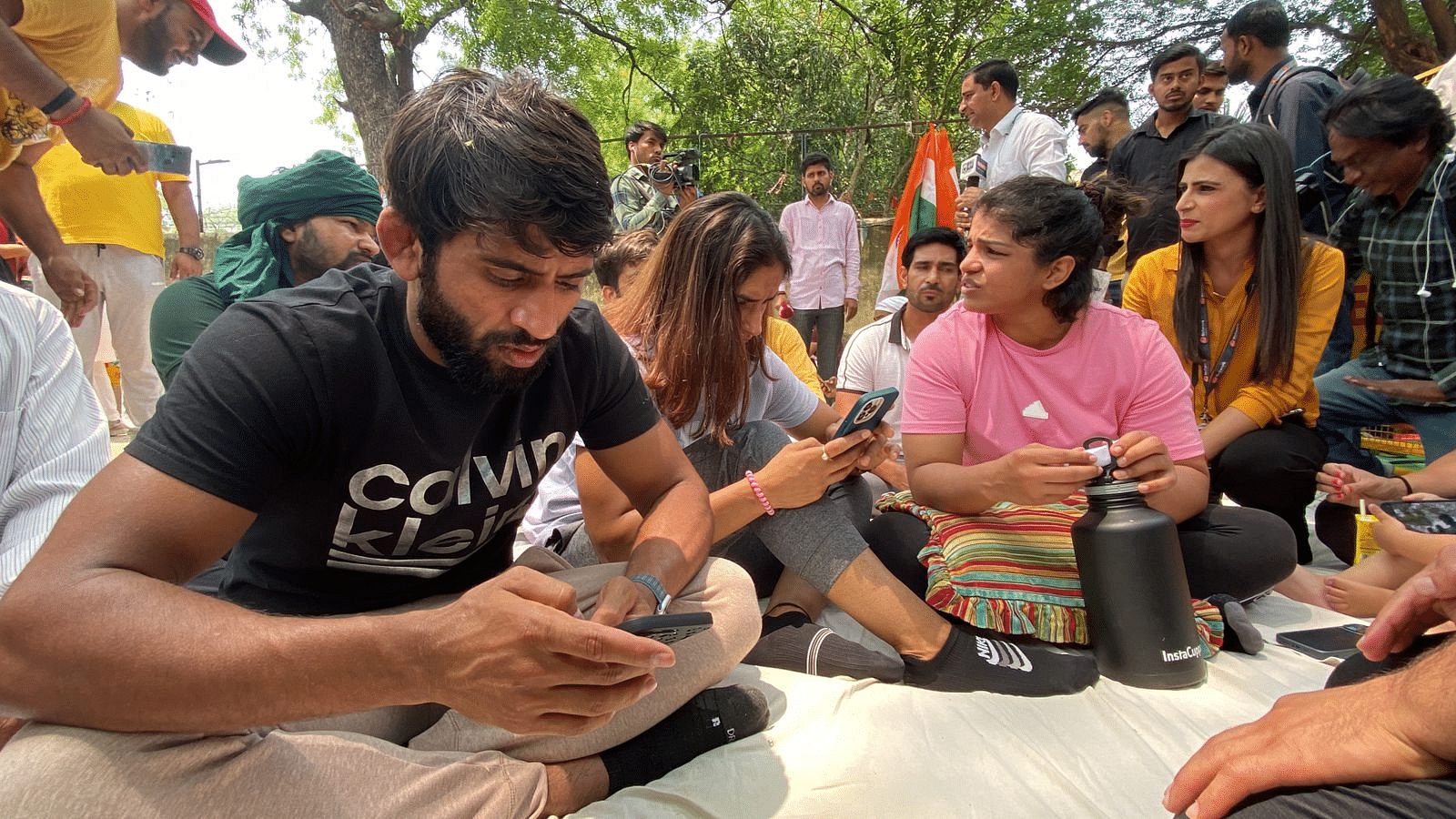 <div class="paragraphs"><p>The wrestlers continued their dharna in New Delhi's Jantar Mantar, protesting against the sidelined WFI chief, Brij Bhushan Sharan Singh.</p></div>