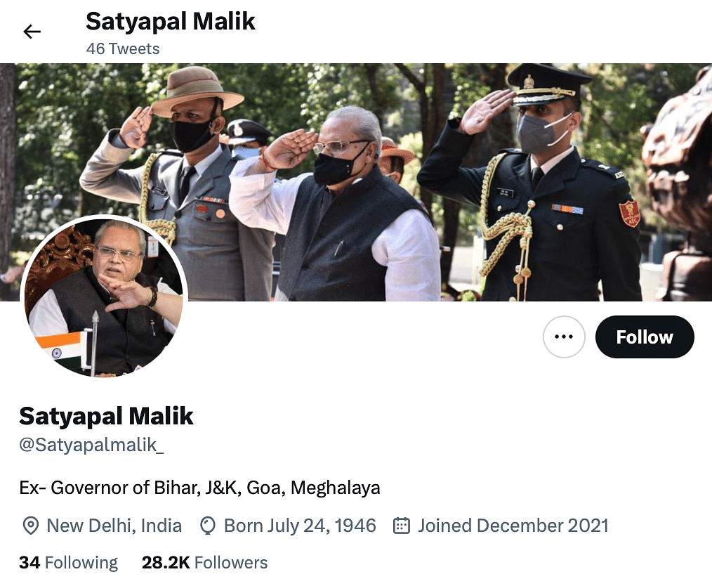 Satyapal Malik's real Twitter account has the username '@SatyapalMalik6' and not '@Satyapalmalik_'.