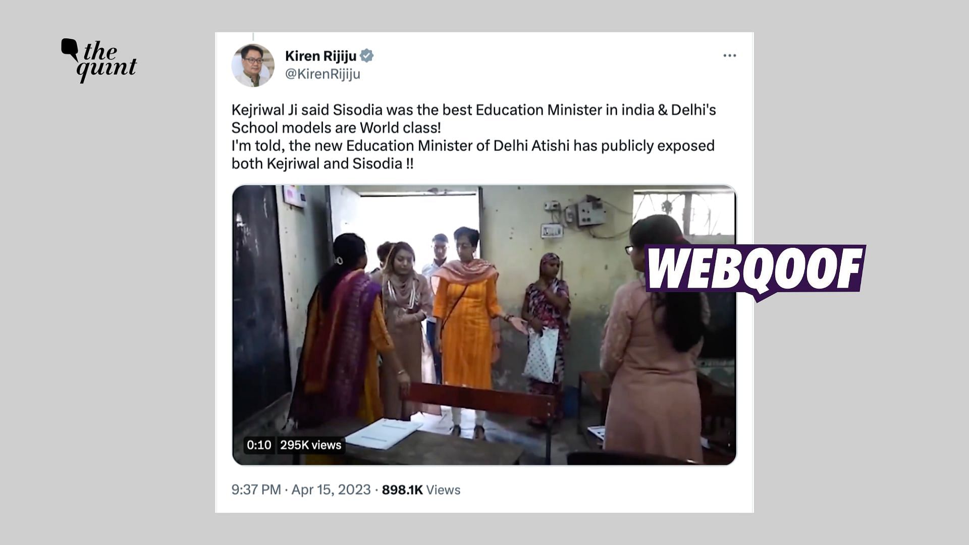 <div class="paragraphs"><p>Rijiju shared a &nbsp;short video to take a dig at the Aam Aadmi Party and Delhi's former education minister Manish Sisodia.</p></div>