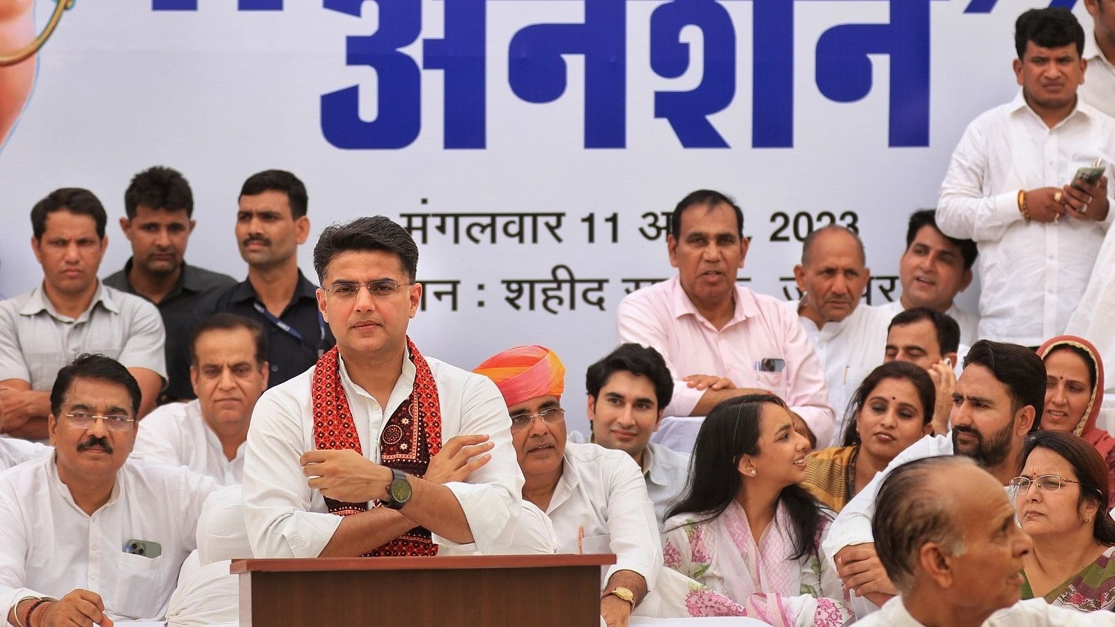 <div class="paragraphs"><p>Congress leader Sachin Pilot and his supporters during a hunger strike in Jaipur on Tuesday, 11 April.&nbsp;</p></div>