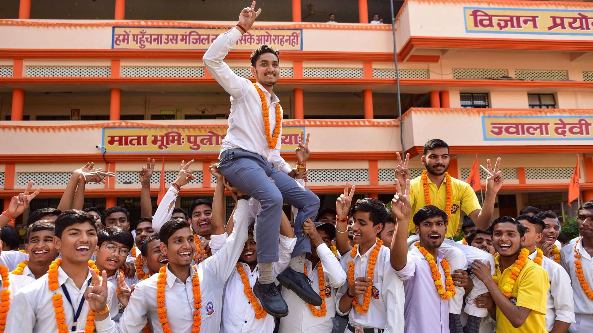 <div class="paragraphs"><p>Prayagraj: Students jubilate after UP Board declared class 10th and 12th exam result in Prayagraj on Tuesday, 25 April.</p></div>