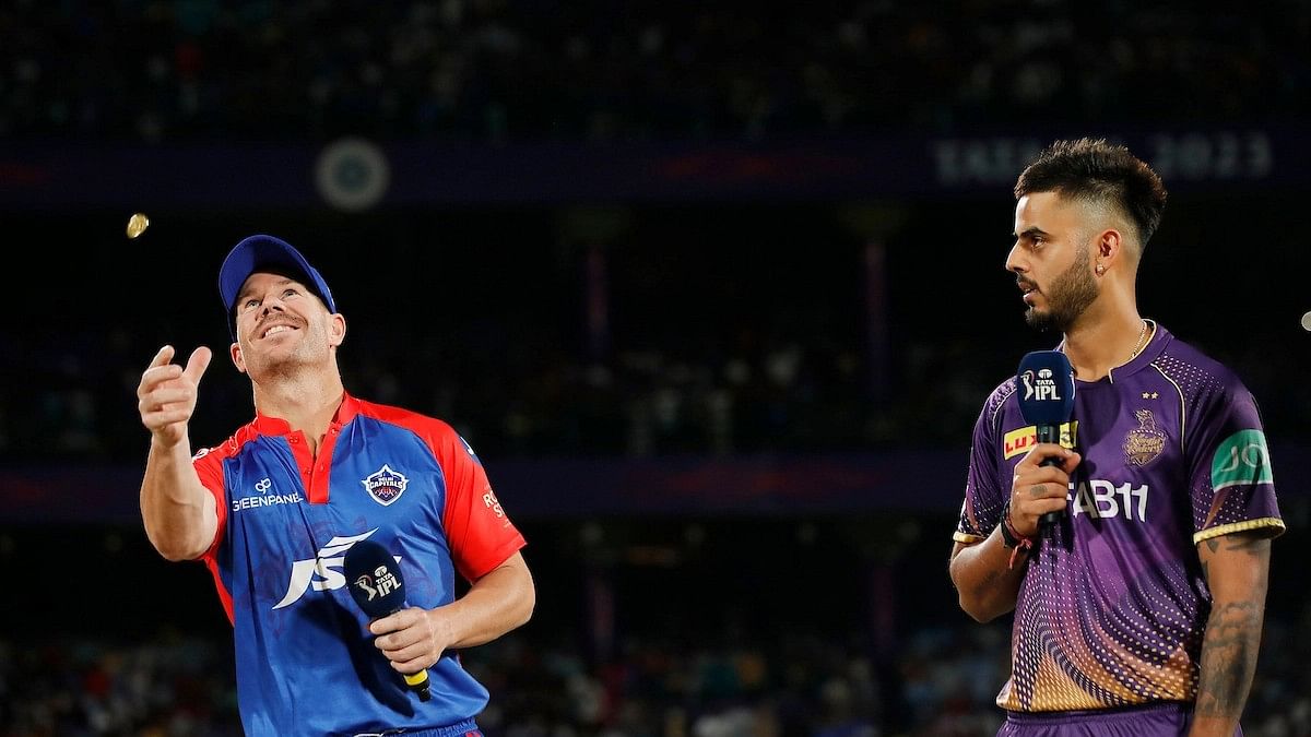 <div class="paragraphs"><p>David Warner of Delhi Capitals flipping the toss coin and Nitish Rana of Kolkata Knight Riders call for it during the 28th match of the Tata Indian Premier League 2023 between the Delhi Capitals and the Kolkata Knight Riders</p></div>