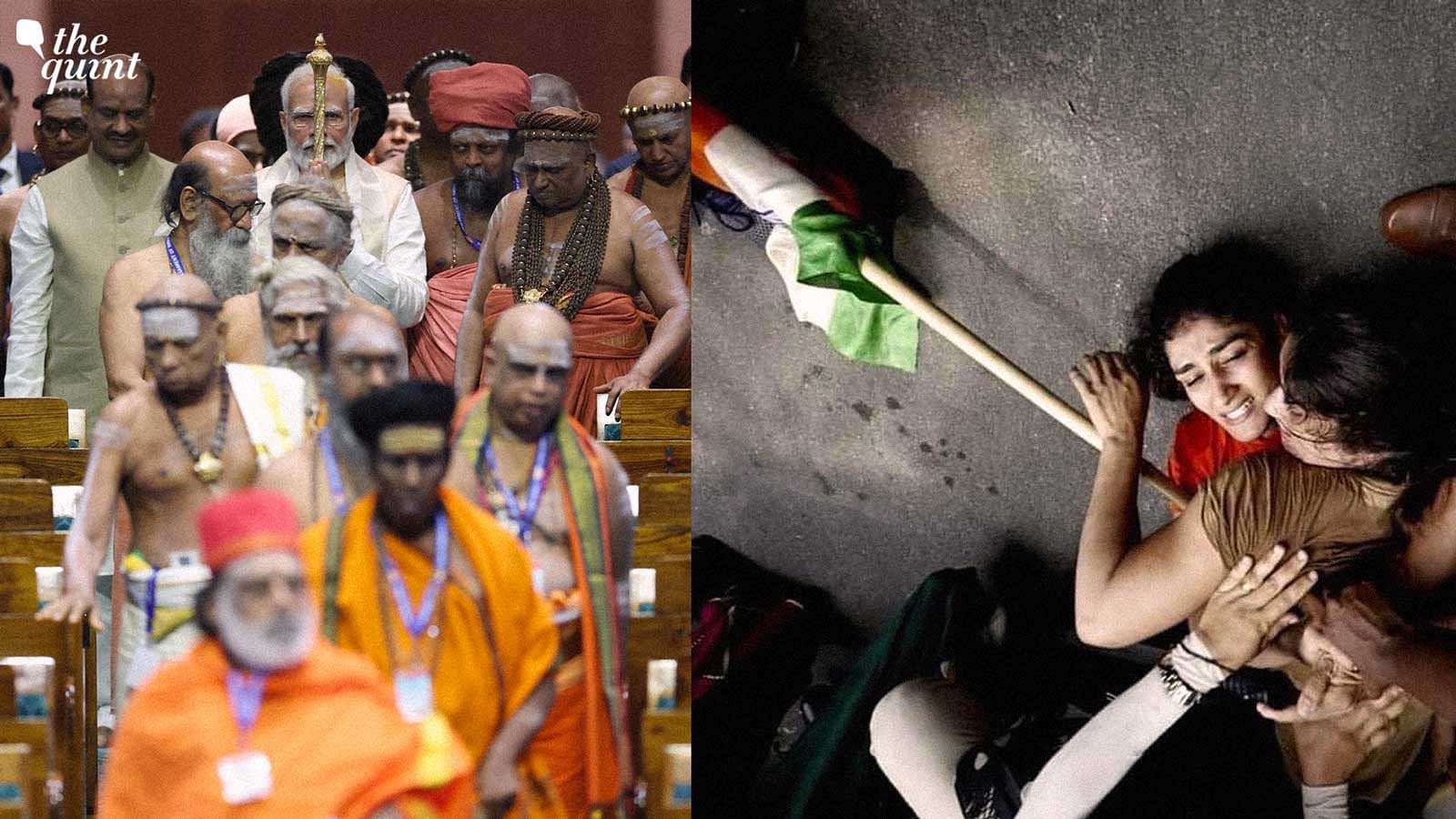 <div class="paragraphs"><p>Left: PM Modi inaugurating the new Parliament. Right: protesting wrestlers were manhandled and detained by the police.&nbsp;</p></div>