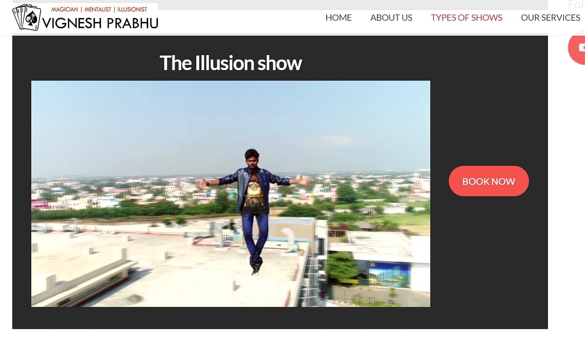 This video shows Vignesh Prabhu, a magician performing an illusion to trick the audience that he is 'flying'.