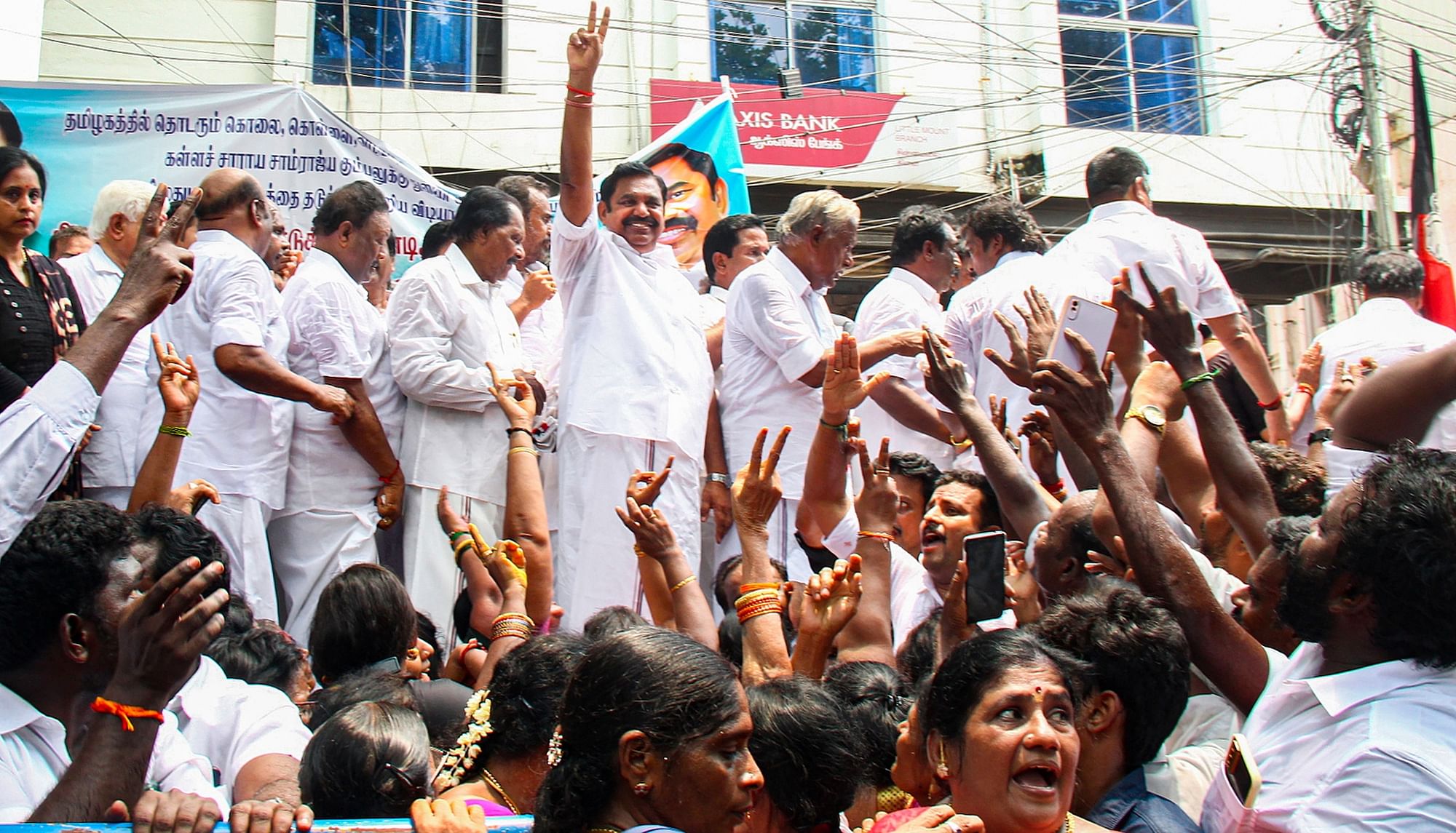<div class="paragraphs"><p>All India Anna Dravida Munnetra Kazhagam (AIADMK) General Secretary Edappadi K Palaniswami with senior leaders during the party's rally against the Tamil Nadu government, in&nbsp;Chennai on Monday, 22 May.</p></div>