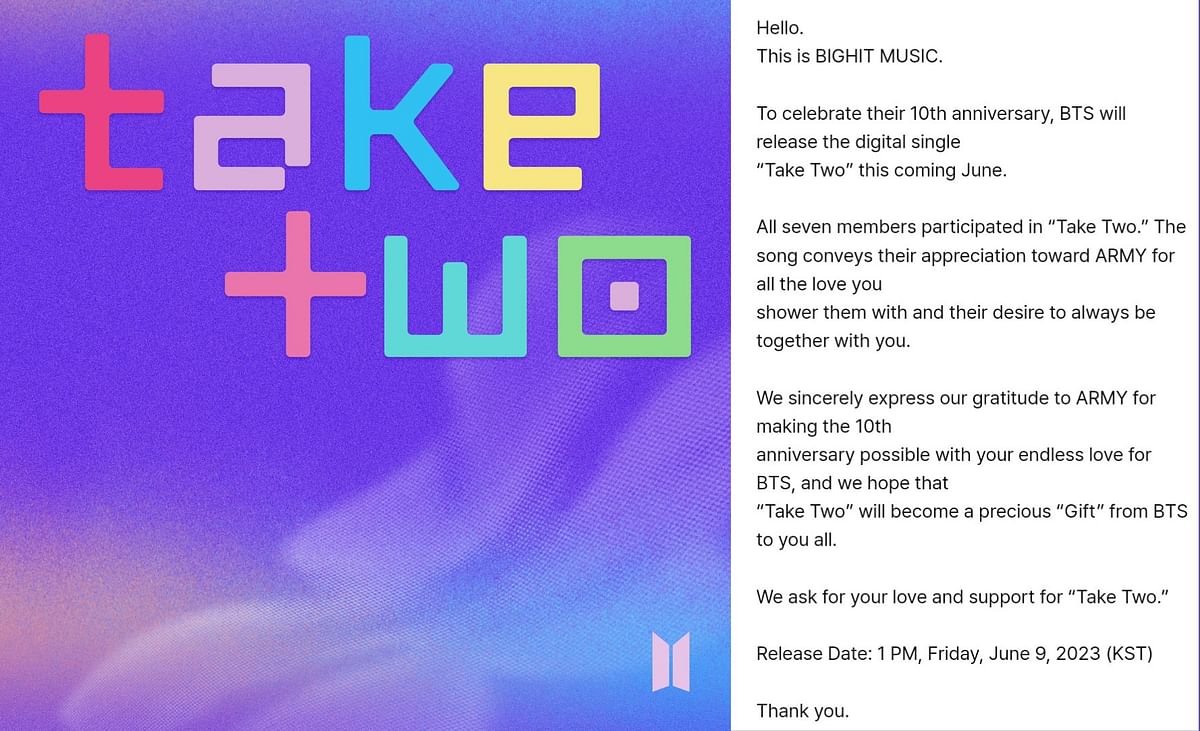 'Take Two' will be released on 9 June, marking BTS' 10-year anniversary since their debut in 2013.