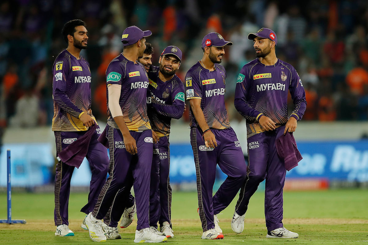 <div class="paragraphs"><p>Kolkata Knight Riders celebrating win during match 47 of the Tata Indian Premier League between the Sunrisers Hyderabad and the Kolkata Knight Riders held at the Rajiv Gandhi International Stadium, Hyderabad on the 4th May 2023</p></div>