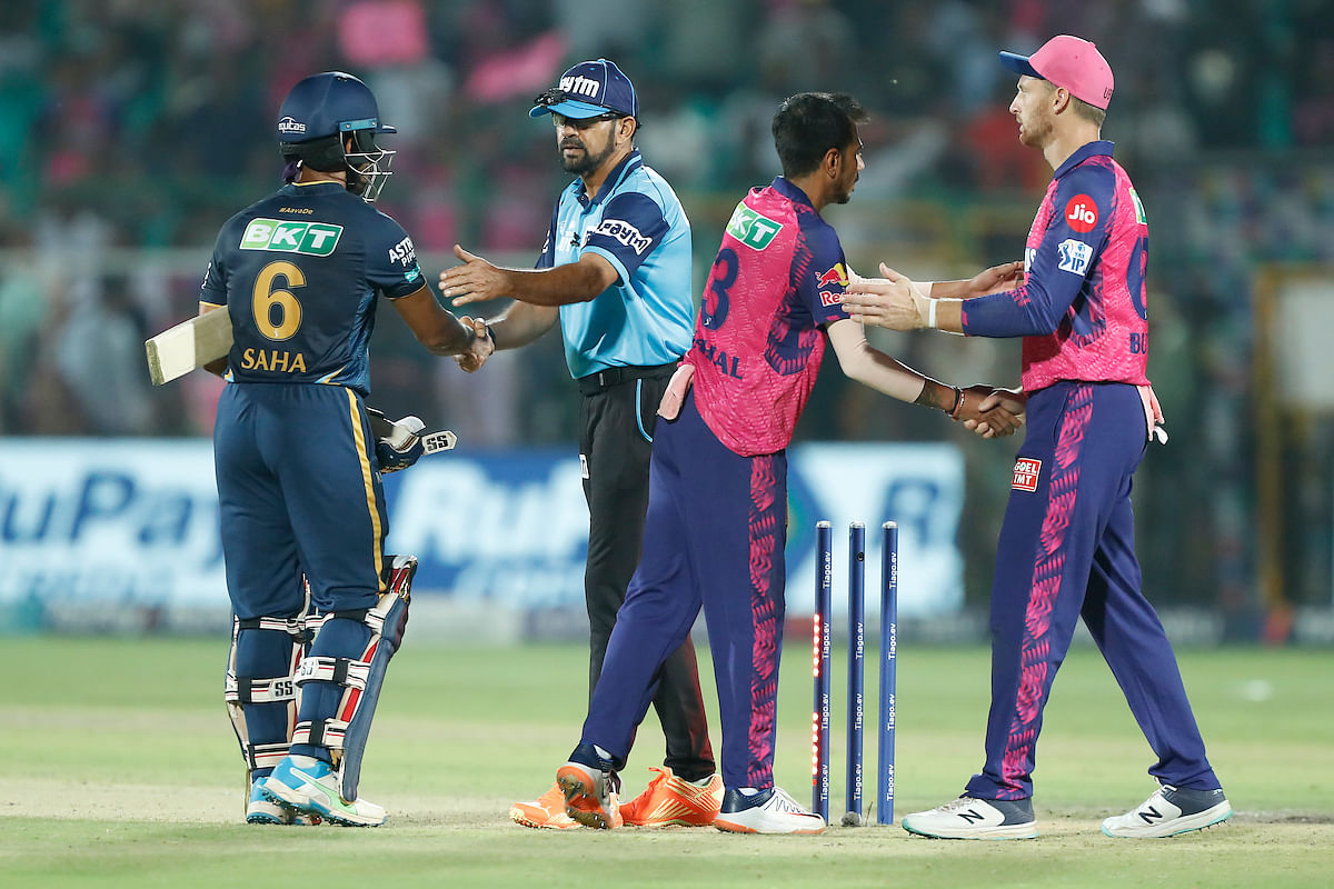 <div class="paragraphs"><p>Players shake hands during match 48 of the Tata Indian Premier League between the Rajasthan Royals and the Gujarat Titans held at the Sawai Mansingh Stadium, Jaipur on the 5th May 2023</p></div>