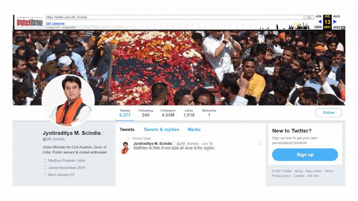 Jyotiraditya Scindia had never added 'BJP' in his Twitter bio, even after joining the party in 2020.