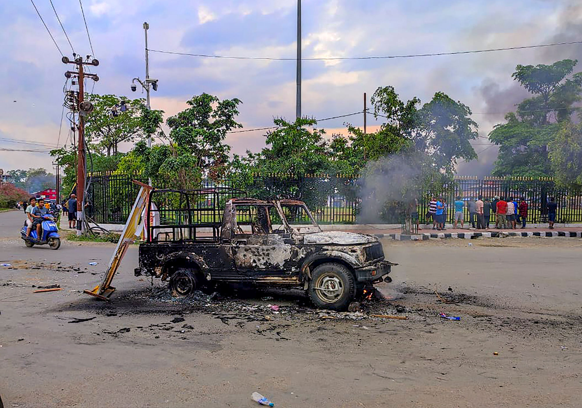 <div class="paragraphs"><p>Imphal: Charred remains of a vehicle that was set ablaze after violence broke out during the Tribal Solidarity March called by the All Tribal Student Union Manipur (ATSUM) in Imphal on Thursday, 4 May.</p></div>